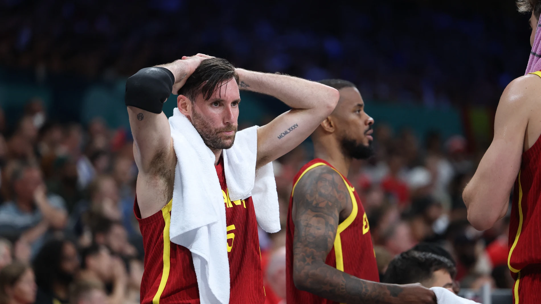 Spain's #05 Rudy Fernandez reacts from the bench in the men's preliminary round group A basketball match between Canada and Spain during the Paris 2024 Olympic Games at the Pierre-Mauroy stadium in Villeneuve-d'Ascq, northern France, on August 2, 2024.