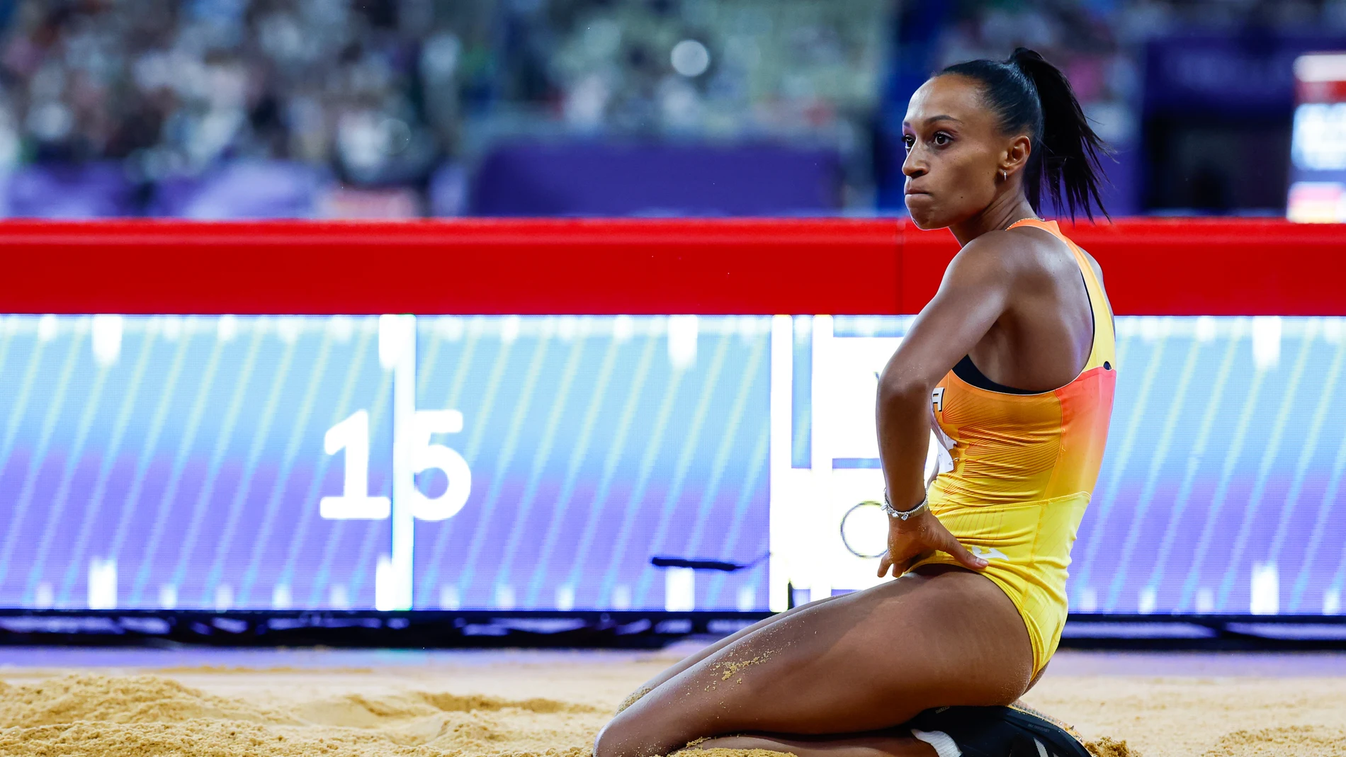 Ana Peleteiro-Compaore of Spain gestures during the Women's Triple Jump Final of the Athletics at Stade de France during the Paris 2024 Olympics Games on August 3, 2024 in Paris, France. AFP7 03/08/2024 ONLY FOR USE IN SPAIN