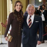 Queen Rania of Jordan and King Abdullah II of Jordan arrive for a reception at Buckingham Palace in London, hosted by King Charles III for leaders attending his coronation.