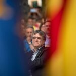 El ex presidente de la Generalitat Carles Puigdemont durante un acto de campaña de JxCat en Colliure (Francia).