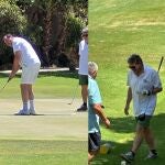 Los ministros Óscar Puente y José Luis Escrivá, en distintos momento de su mañana de golf en San Juan (Alicante)