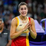 Carolina Marín, instantes después de sufrir la lesión en semifinales