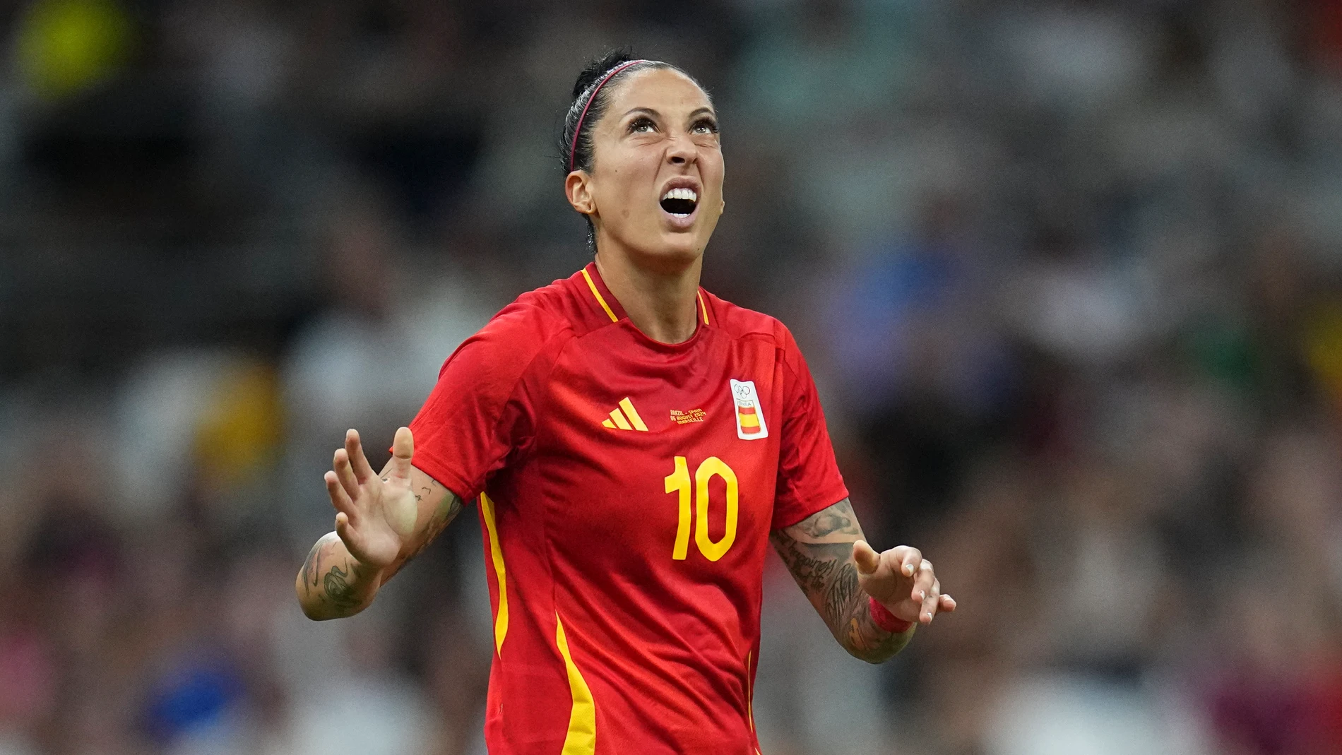 Spain's Jennifer Hermoso reacts during a women's semifinal soccer match between Brazil and Spain at the 2024 Summer Olympics, Tuesday, Aug. 6, 2024, at Marseille Stadium in Marseille, France. (AP Photo/Daniel Cole)