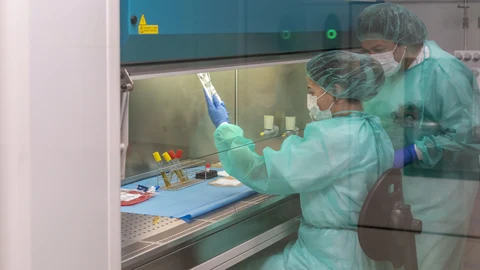 Fotografía que muestra a dos mujeres mientras trabajan en un laboratorio.