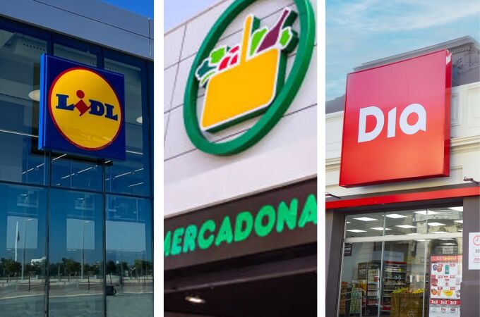 Fachada de tres de los grandes supermercados en España: Lidl, Mercadona y DIA