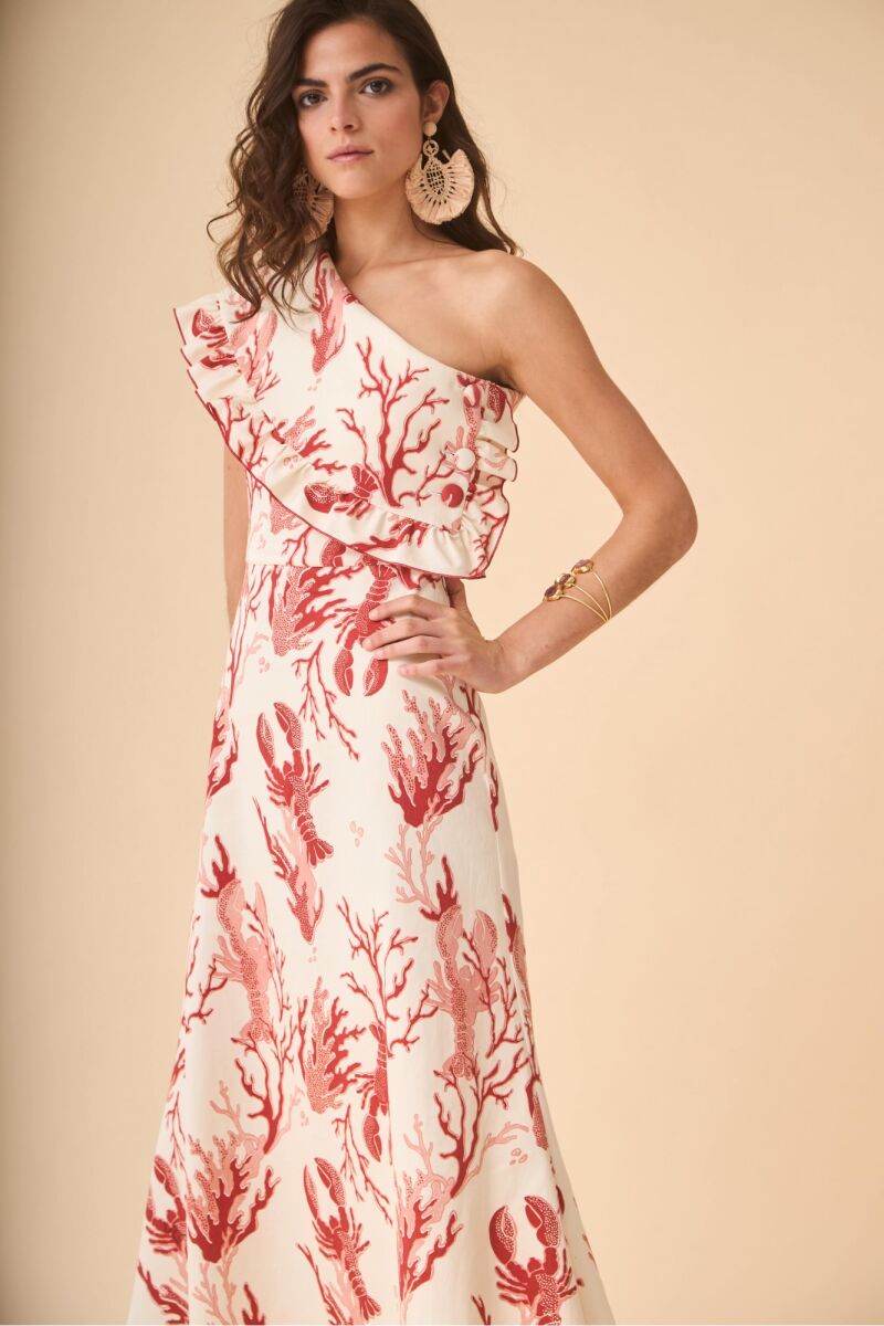 Vestido midi asimétrico con estampado de langostas y corales de Coosy