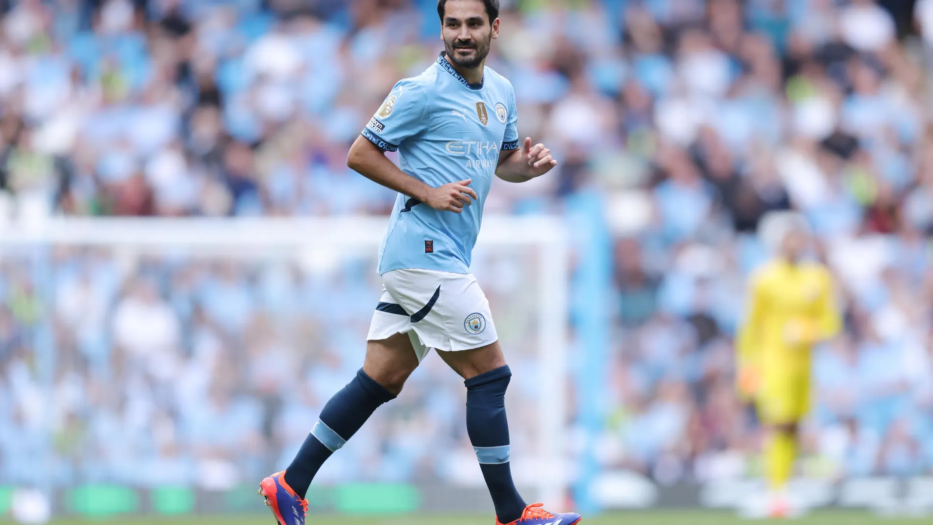 Manchester (United Kingdom), 24/08/2024.- Ilkay Gundogan of Manchester City in action during the English Premier League soccer match of Manchester City against Ipswich Town, in Manchester, Britain, 24 August 2024. (Reino Unido) EFE/EPA/GARY OAKLEY EDITORIAL USE ONLY. No use with unauthorized audio, video, data, fixture lists, club/league logos, 'live' services or NFTs. Online in-match use limited to 120 images, no video emulation. No use in betting, games or single club/league/player publicat...