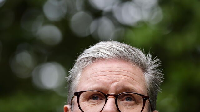 British Prime Minister Starmer gives a speech in Downing Street garden