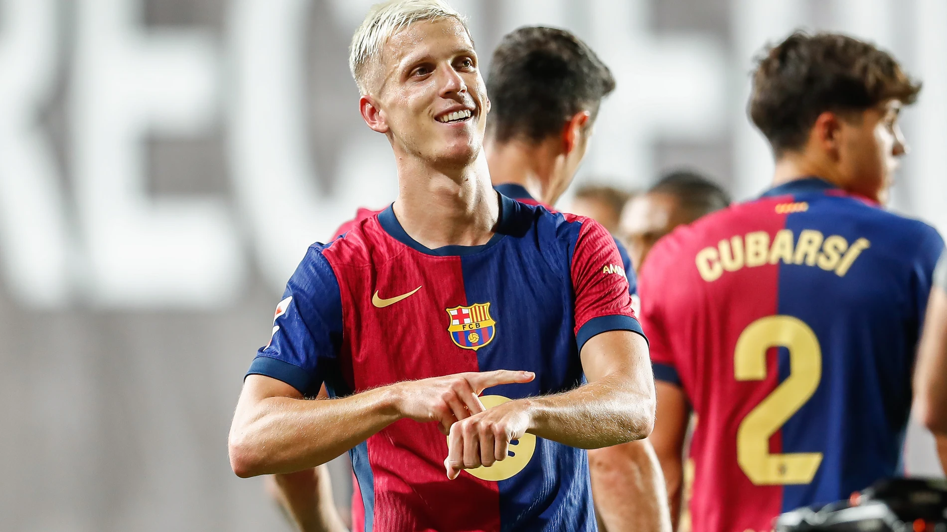 Dani Olmo of FC Barcelona celebrates a goal during the Spanish league, La Liga EA Sports, football match played between Rayo Vallecano and FC Barcelona at Vallecas stadium on August 27, 2024, in Madrid, Spain. AFP7 27/08/2024 ONLY FOR USE IN SPAIN