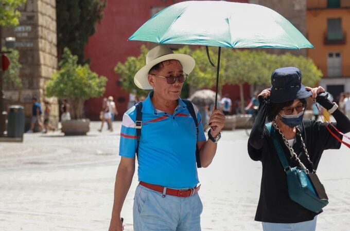 Dos turistas asiáticos pasean por la zona del Alcázar sevillano