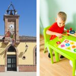 Una imagen del Ayuntamiento de Rielves (Toledo) y otra imagen de unos niños en una ludoteca infantil