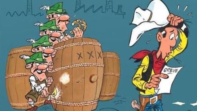 Portada del número libro de Lucky Luke, "Un vaquero bajo presión"