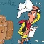 Portada del número libro de Lucky Luke, "Un vaquero bajo presión"