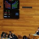 La portavoz nacionalista, Ana Pontón (abajo a la izquierda), en el Parlamento con el cartel de la votación encima. 