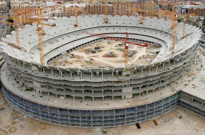 Imagen área del estadio del Mestalla en construcción 