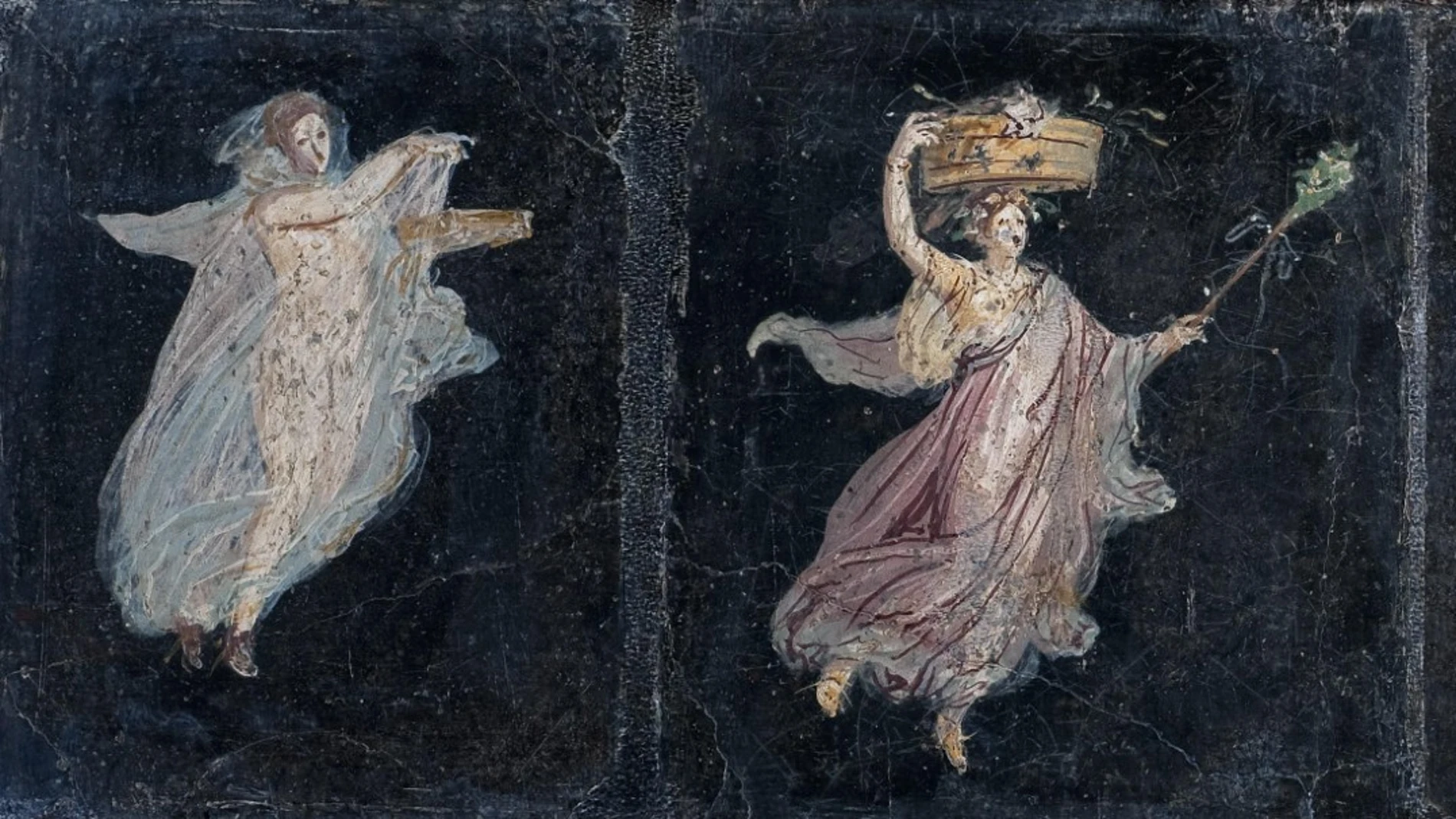 Fragmentos de pintura mural con ménades danzantes, primer cuarto del siglo I d.C., Villa de Cicerón, Pompeya. Nápoles, Museo Arqueológico Nacional de Nápoles