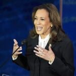 Democratic presidential nominee Vice President Kamala Harris speaks during a presidential debate with Republican presidential nominee former President Donald Trump at the National Constitution Center