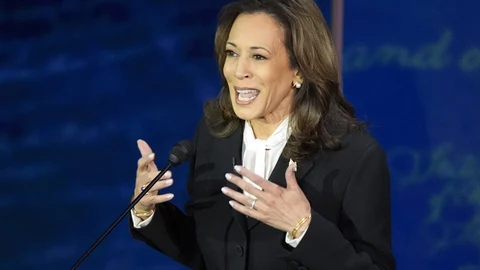 Democratic presidential nominee Vice President Kamala Harris speaks during a presidential debate with Republican presidential nominee former President Donald Trump at the National Constitution Center