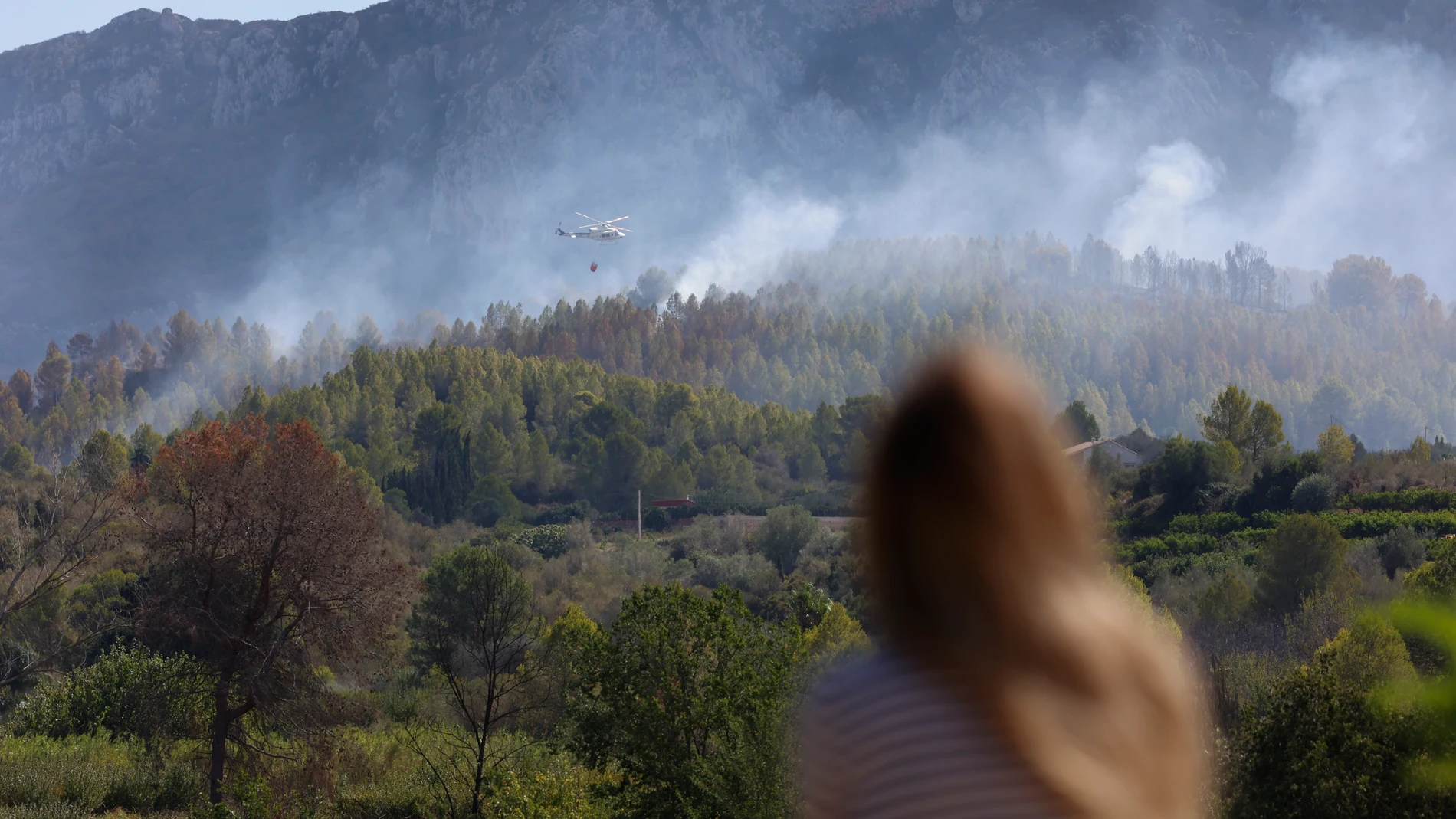 Una mujer observa el incendio forestal que comenzó en Simat, a 13 de septiembre de 2024, en Barcheta, Valencia, Comunidad Valenciana (España). El incendio forestal declarado hoy en la localidad valenciana de Simat continúa activo y se incorporan a la extinción dos medios aéreos. Esta mañana continuaban en la zona cinco autobombas y seis unidades forestales de la Generalitat; así como cinco dotaciones y cinco Brifos de Bomberos de Valencia, dos coordinadores y un técnico forestal. El fuego obl...