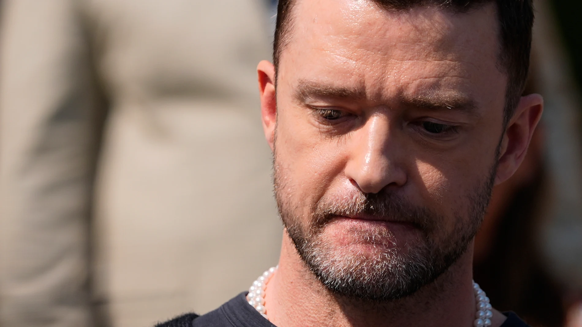 Justin Timberlake speaks to the press after a court hearing, Friday, Sept. 13, 2024, in Sag Harbor, N.Y. (AP Photo/Pamela Smith)
