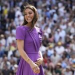 Kate, Princess of Wales, smiles as she waits to present the trophy to Carlos Alcaraz of Spain at the men's singles final at the Wimbledon tennis championships in London