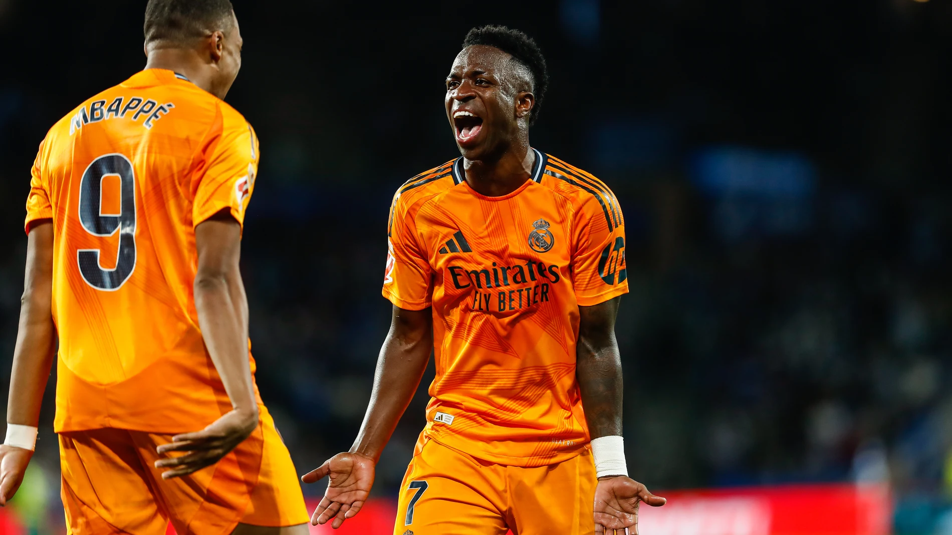 Kylian Mbappe and Vinicius Juniorof Real Madrid celebrate a goal during the Spanish league, La Liga EA Sports, football match played between Real Sociedad and Real Madrid at Anoeta stadium on September 14, 2024, in San Sebastian, Spain. AFP7 14/09/2024 ONLY FOR USE IN SPAIN
