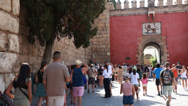 Turistas en la Plaza del Triunfo guardan cola y se disponen a entrar en el Real Alcázar de Sevilla. A 12 de agosto de 2024, en Sevilla (Andalucía, España)