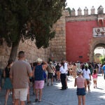 Turistas en la Plaza del Triunfo guardan cola y se disponen a entrar en el Real Alcázar de Sevilla. A 12 de agosto de 2024, en Sevilla (Andalucía, España)