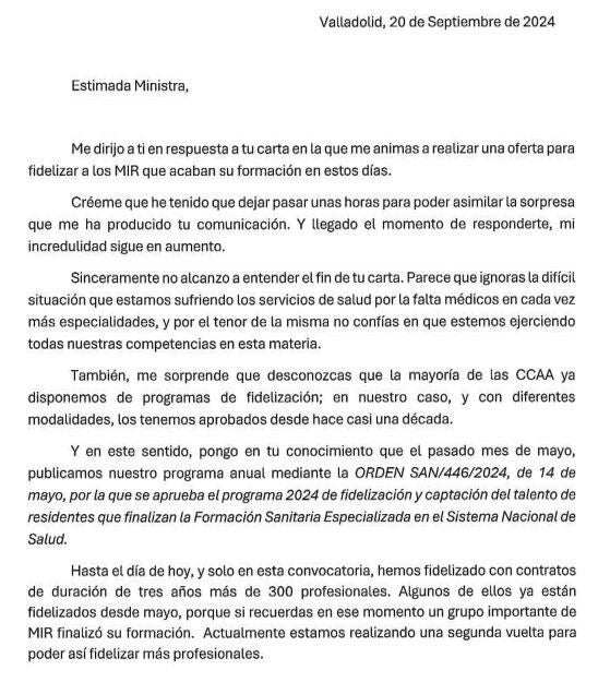 Carta enviada por el consejero de Sanidad a la ministra Mónica García