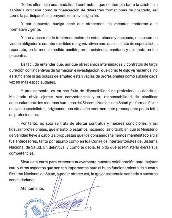 Carta enviada por el consejero de Sanidad a la ministra Mónica García