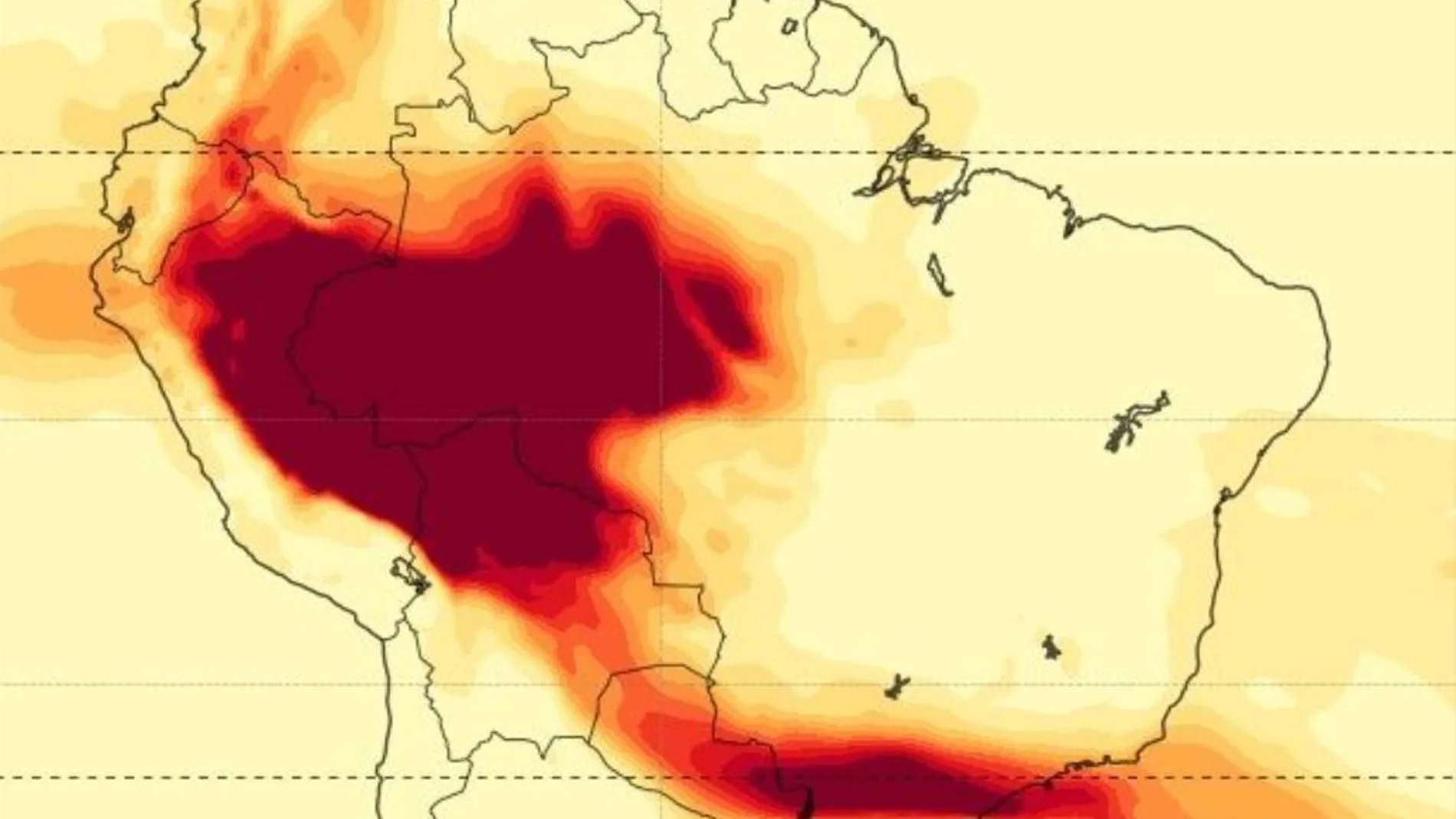 Recreación del humo liberado por incendios forestales en América del Sur la primera semana de este mes de septiembre
