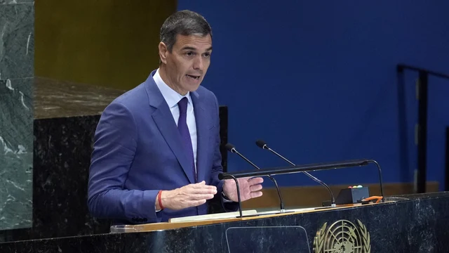 Spain's Prime Minister Pedro Sanchez Perez-Castejon addresses the the Summit of the Future, in the United Nations General Assembly, Monday, Sept. 23, 2024.