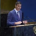 Spain's Prime Minister Pedro Sanchez Perez-Castejon addresses the the Summit of the Future, in the United Nations General Assembly, Monday, Sept. 23, 2024. 