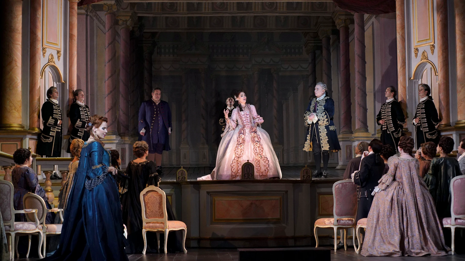 MADRID, 23/09/2024.- Ermonela Jaho (Adriana Lecouvreur) (c), durante un ensayo de la ópera "Adriana Lecouvreur", de Francesco Cilea, en el Teatro Real en Madrid. Los reyes presiden este martes la inauguración de la temporada 2024/2025 del Teatro Real, que da comienzo con la ópera 'Adriana Lecouvreur', un homenaje al teatro con tinte de época que recrea la trágica vida real de una actriz del siglo XVIII. EFE/ Javier del Real/Teatro Real / ***SOLO USO EDITORIAL/SOLO DISPONIBLE PARA ILUSTRAR LA ...