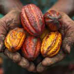 Agricultor sosteniendo mazorcas de cacao en una plantación de cacao en Guinea Ecuatorial. 