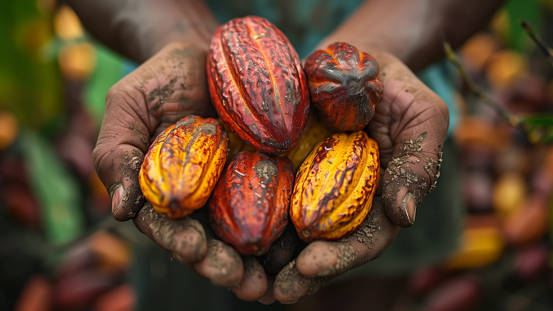 Agricultor sosteniendo mazorcas de cacao en una plantación de cacao en Guinea Ecuatorial.