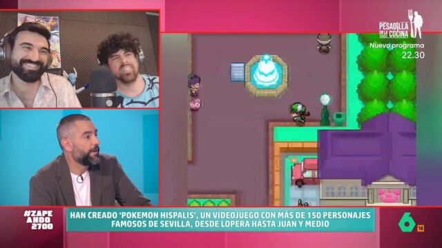 Dani Mateo con los dos españoles creadores de 'Pokémon Hispalis' en 'Zapeando'