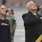 Mexico's President-elect Claudia Sheinbaum and outgoing President Andres Manuel Lopez Obrador attend an anniversary event honoring the victims of the 1985 and 2017 earthquakes, at the Zocalo in Mexico City