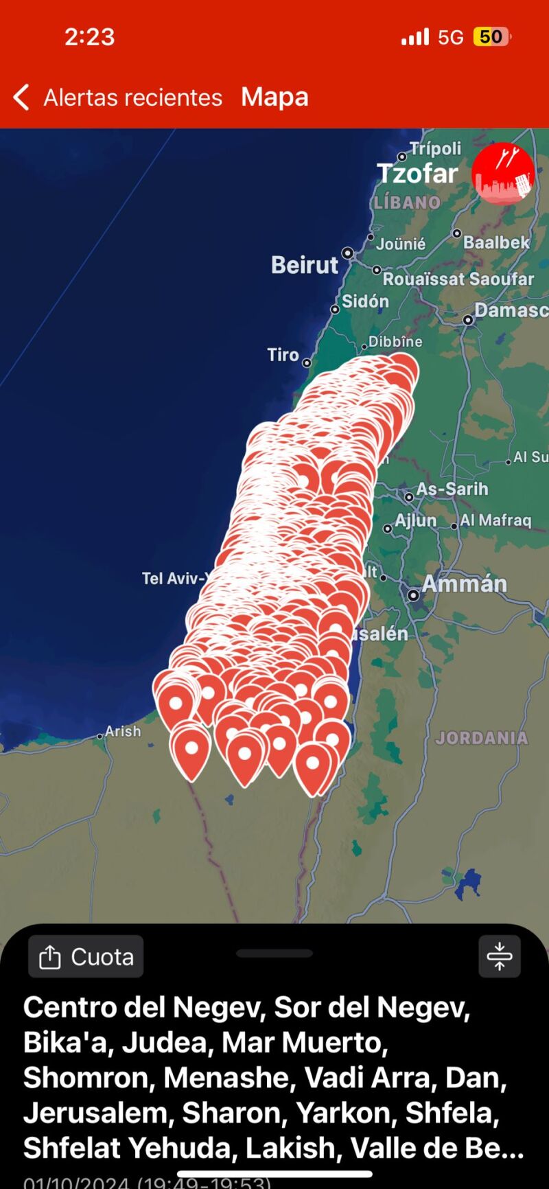 Imagen de la app de móvil de alerta por misiles