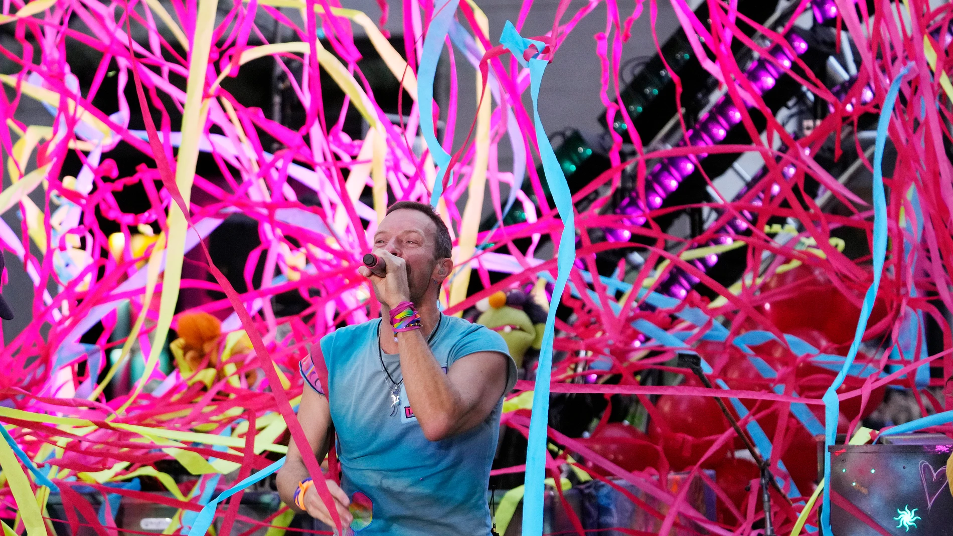Chris Martin the band Coldplay performs on NBC's Today show at Rockefeller Plaza on Tuesday, Oct. 8, 2024, in New York. (Photo by Charles Sykes/Invision/AP)