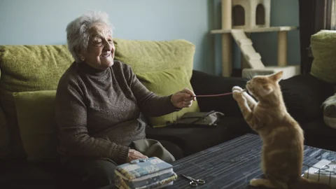 Una mujer juega con su gato