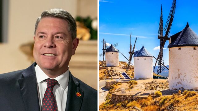 (i) El presidente de Castilla-La Mancha, Emiliano García-Page (d) Los molinos de viento de Consuegra (Toledo)