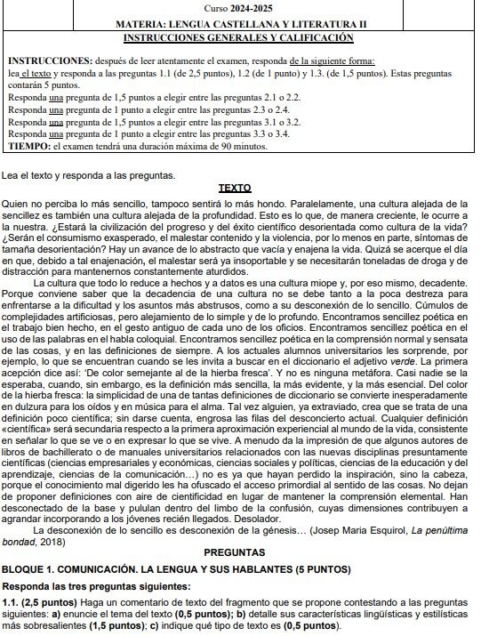 Modelo examen de lengua