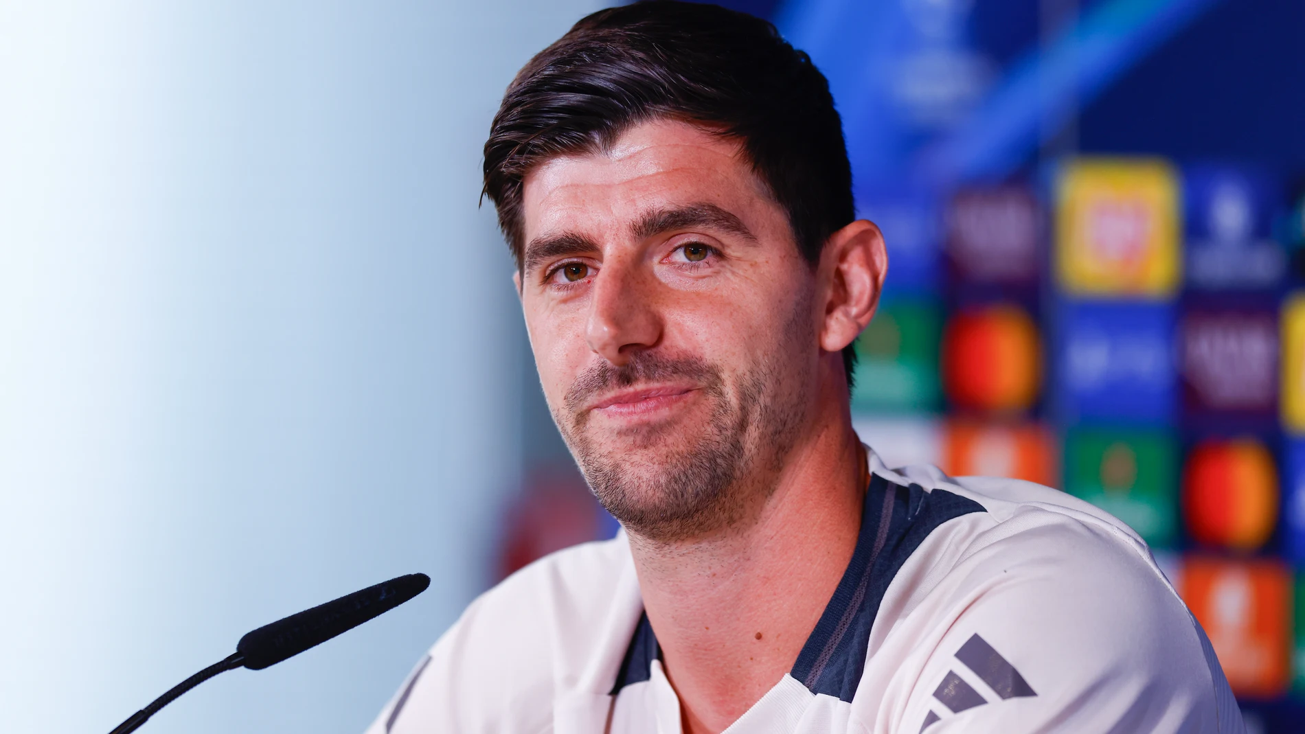 Thibaut Courtois, attends his press conference ahead of the UEFA Champions League, football match against Borussia Dortmund, at Ciudad Deportiva Real Madrid on October 21, 2024, in Valdebebas, Madrid, Spain. AFP7 21/10/2024 ONLY FOR USE IN SPAIN