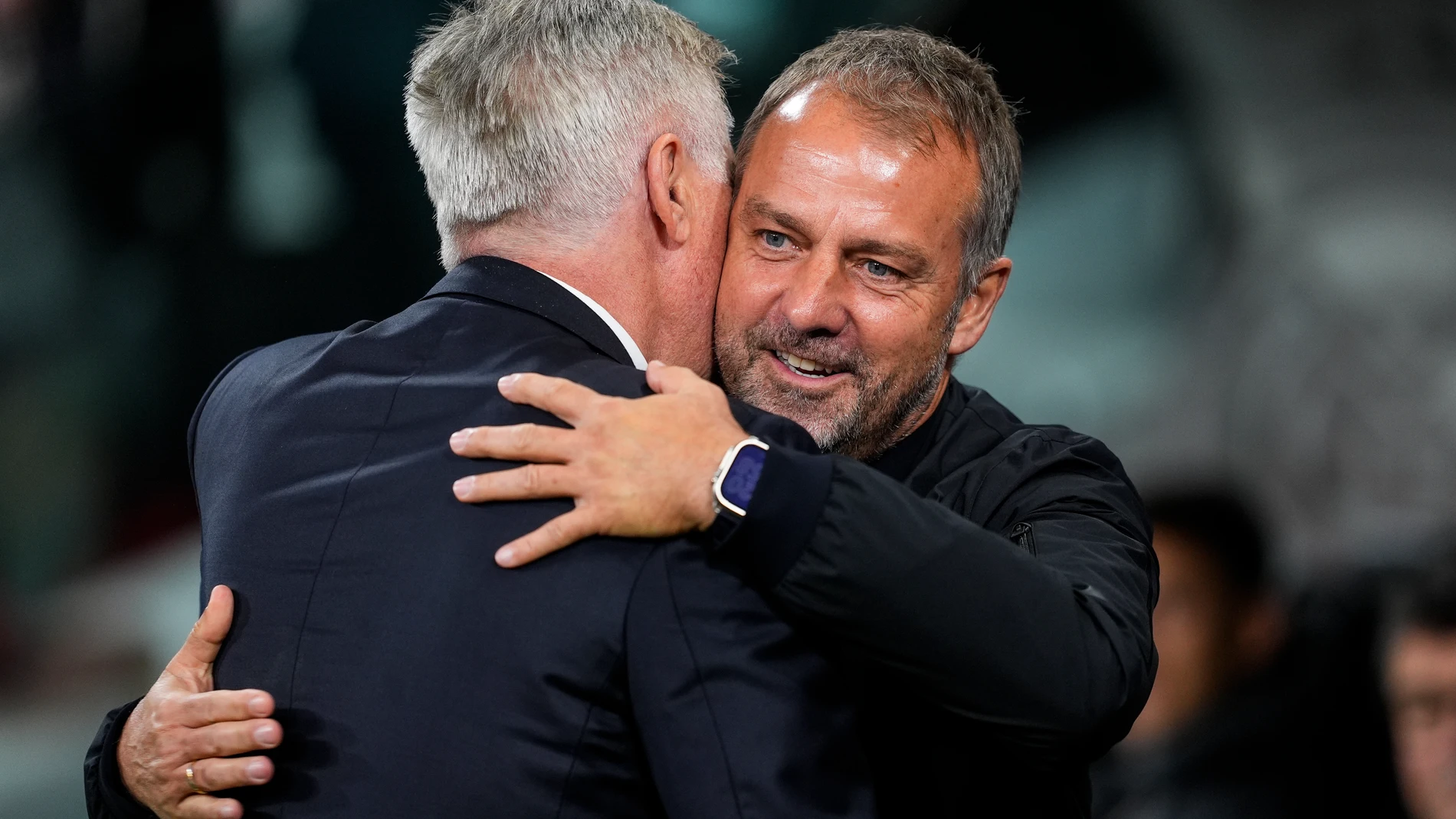 Hansi Flick, head coach of FC Barcelona, and Carlos Ancelotti, head coach of Real Madrid, gesture during the Spanish league, La Liga EA Sports, football match played between Real Madrid and FC Barcelona at Santiago Bernabeu stadium on October 26, 2024, in Madrid, Spain. AFP7 26/10/2024 ONLY FOR USE IN SPAIN