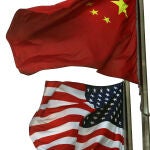 American and Chinese Flags Fly Together in Beijing, China