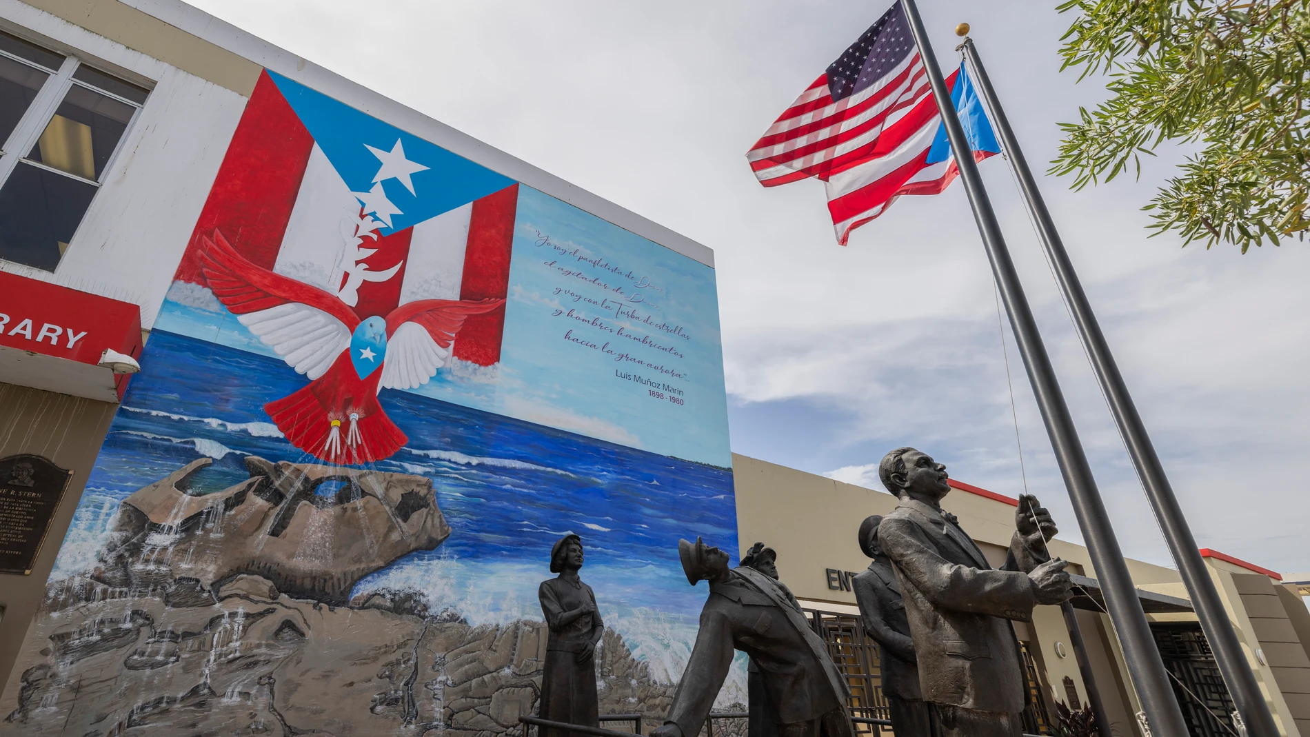 The Monument to the Constitution stands outside the Luis Muñoz Marin Government Center in Dorado, Puerto Rico, Monday, Oct 28, 2024. (AP Photo/Alejandro Granadillo)