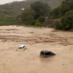 Vehículos siendo trasladados por el agua en el río Guadalhocer, en Álora (Málaga)