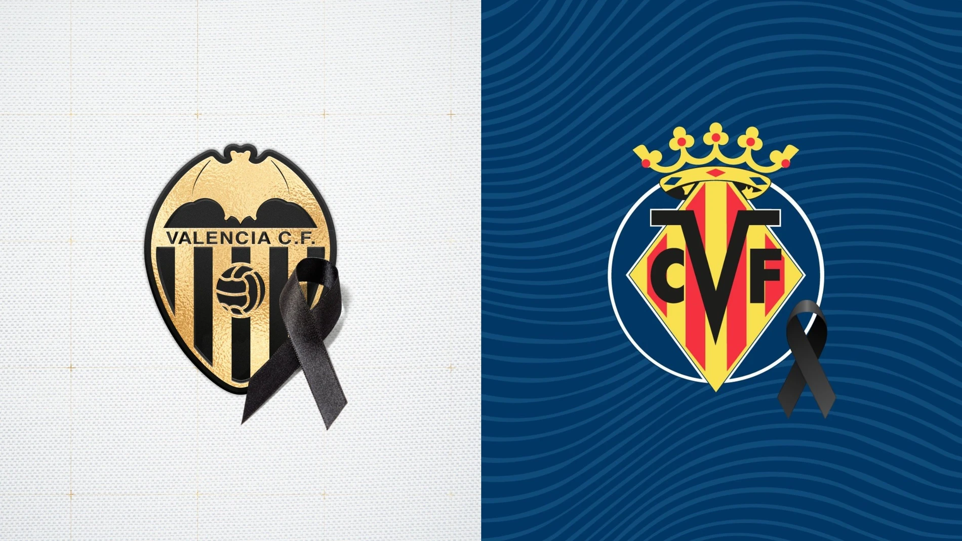 Los escudos de Valencia Cf y Villarreal CF con un lazo negro por las víctimas de la DANA. EUROPA PRESS 30/10/2024