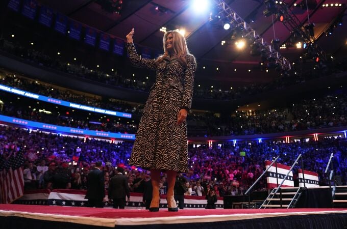 Former first lady Melania Trump arrives to speak at a campaign rally for Republican presidential nominee former President Donald Trump at Madison Square Garden.